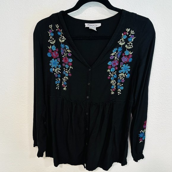 Fresco Nomadic Traders Boho Top Womens Small Black Floral Embroidered V-Neck EUC - Picture 1 of 6
